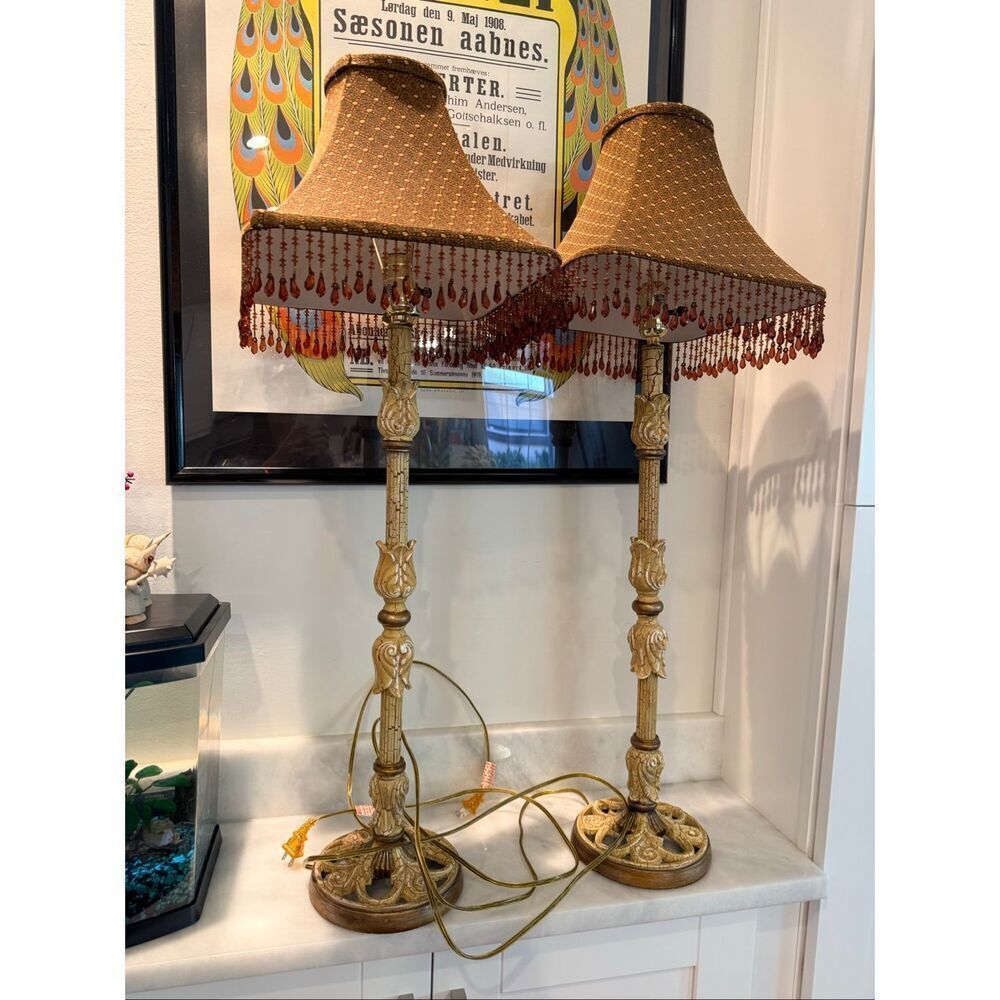 Antique Vintage Pair Of Bombay Club Store Beaded Decorative Lampshades Brown 25"